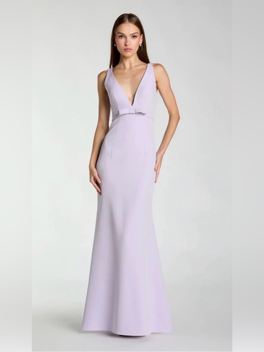 Mac Duggal Light Purple V Neck Mermaid Dress with Bow Detail